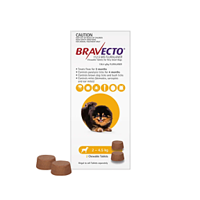 Bravecto Dog Extra Small 2-4.5kg Yellow 2 Chews Short Expiry
