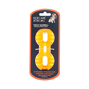 Scream Xtreme Treat Dumbbell Dog Toy Loud Orange Front